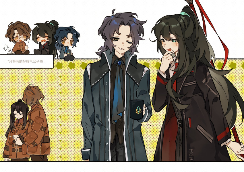 4boys aqua_eyes ascot black_coat black_eyes black_hair black_shirt blue_ascot blue_coat blue_hair blue_ribbon chesed_(project_moon) coat collared_shirt cup emma_(project_moon) hair_ribbon half_updo heterochromia highres holding holding_cup hong_lu_(project_moon) kyohee83 library_of_ruina long_hair low_ponytail medium_hair mug multiple_boys noah_(project_moon) open_mouth parted_bangs project_moon ribbon shirt smile very_long_hair