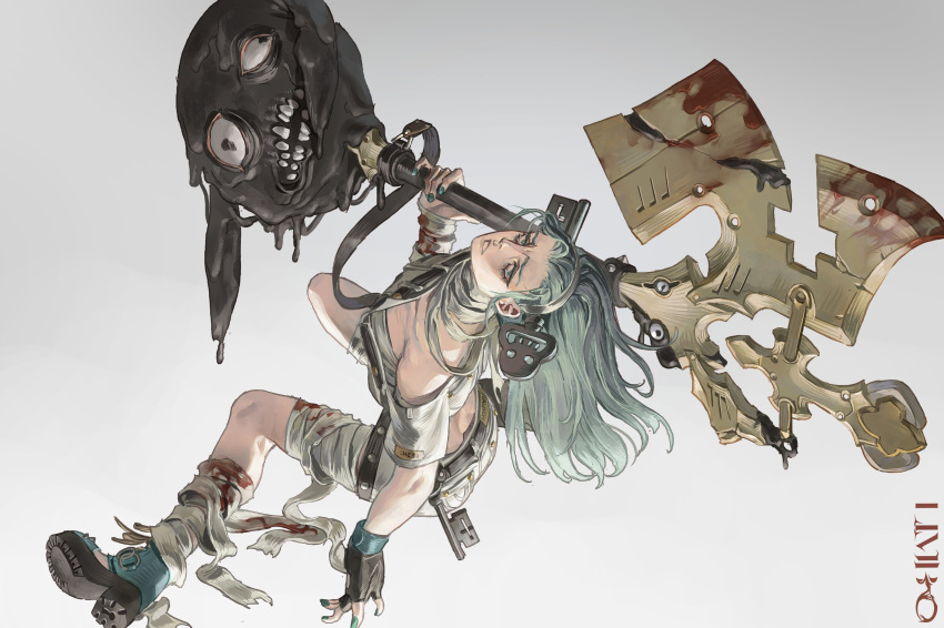 1girl a.b.a absurdres bags_under_eyes bandaged_chest bandaged_neck bandages blood blood_on_bandages blood_on_clothes fingerless_gloves gloves green_eyes green_hair guilty_gear guilty_gear_strive headband highres key key_in_head object_through_head ofthelimbo pale_skin paracelsus_(guilty_gear) solo weapon white_headband