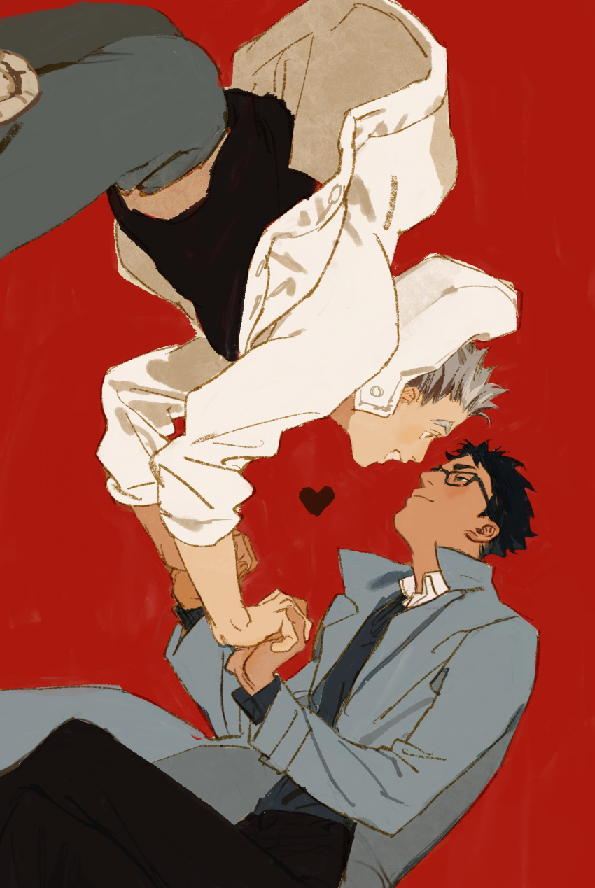 2boys akaashi_keiji black_hair black_pants black_shirt bokuto_koutarou chengongzi123 coat collared_coat commentary floating glasses grey_coat grey_hair grey_pants grin haikyuu!! hands_up heart highres holding_hands hood hood_down jacket long_sleeves looking_at_another male_focus multicolored_hair multiple_boys pants red_background shirt short_hair simple_background smile streaked_hair symbol-only_commentary thick_eyebrows very_short_hair white_jacket