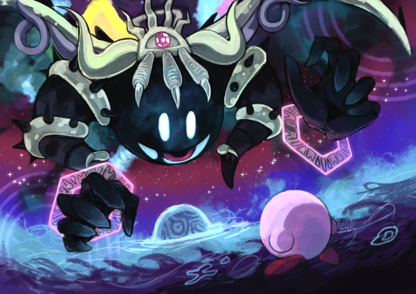 absurdres colored_skin crown harufune highres horns kirby kirby's_return_to_dream_land kirby_(series) looking_at_another magolor magolor_soul master_crown no_humans pink_skin rayman_limbs signature solid_oval_eyes sparkle wings