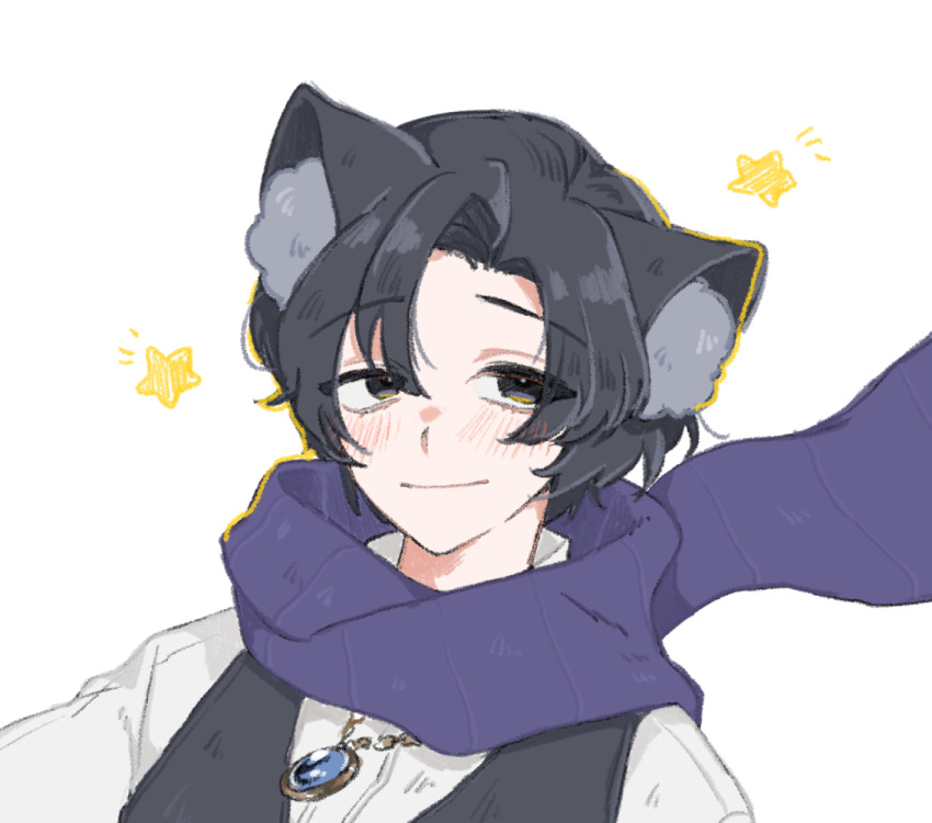 1boy animal_ear_fluff animal_ears blue_gemstone blue_scarf blush cat_ears closed_mouth collared_shirt demian_(project_moon) gem jewelry limbus_company long_sleeves looking_at_viewer male_focus necklace parted_bangs project_moon scarf shirt smile solo star_(symbol) uchimura_(rino0525) white_shirt
