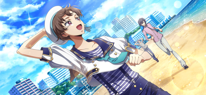 3boys adjusting_clothes adjusting_headwear aqua_necktie arm_up artist_request beach beret black_necktie blue_pants blue_sailor_collar blue_shirt blue_sky brown_hair buttons city clenched_hand clouds code_geass code_geass:_lost_stories collarbone crop_top day double-breasted dutch_angle game_cg gold_trim hand_up happy hat highres lelouch_vi_britannia lens_flare looking_back male_focus multiple_boys necktie non-web_source ocean official_art open_mouth outdoors pants pocket purple_shirt rivalz_cardemonde rolo_lamperouge running sailor_collar sand shirt shirt_tucked_in short_hair short_sleeves sidelocks sky smile solo_focus sparkle striped_clothes striped_shirt suspenders upper_body violet_eyes white_hat white_shirt