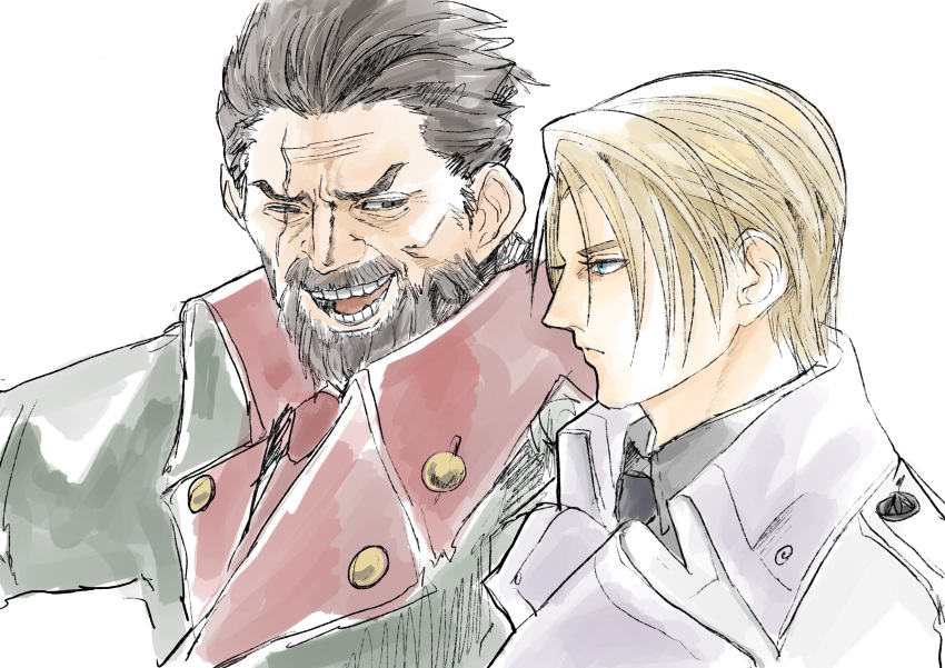 2boys absurdres beard black_coat black_necktie blonde_hair blue_eyes brown_hair closed_mouth coat collared_shirt facial_hair final_fantasy final_fantasy_vii final_fantasy_vii_rebirth final_fantasy_vii_remake grey_shirt hair_slicked_back heidegger_(final_fantasy) highres looking_at_another male_focus multiple_boys necktie nomoss06 open_mouth parted_bangs red_coat red_necktie rufus_shinra scar scar_across_eye shirt short_hair talking two-sided_coat two-sided_fabric white_background white_coat