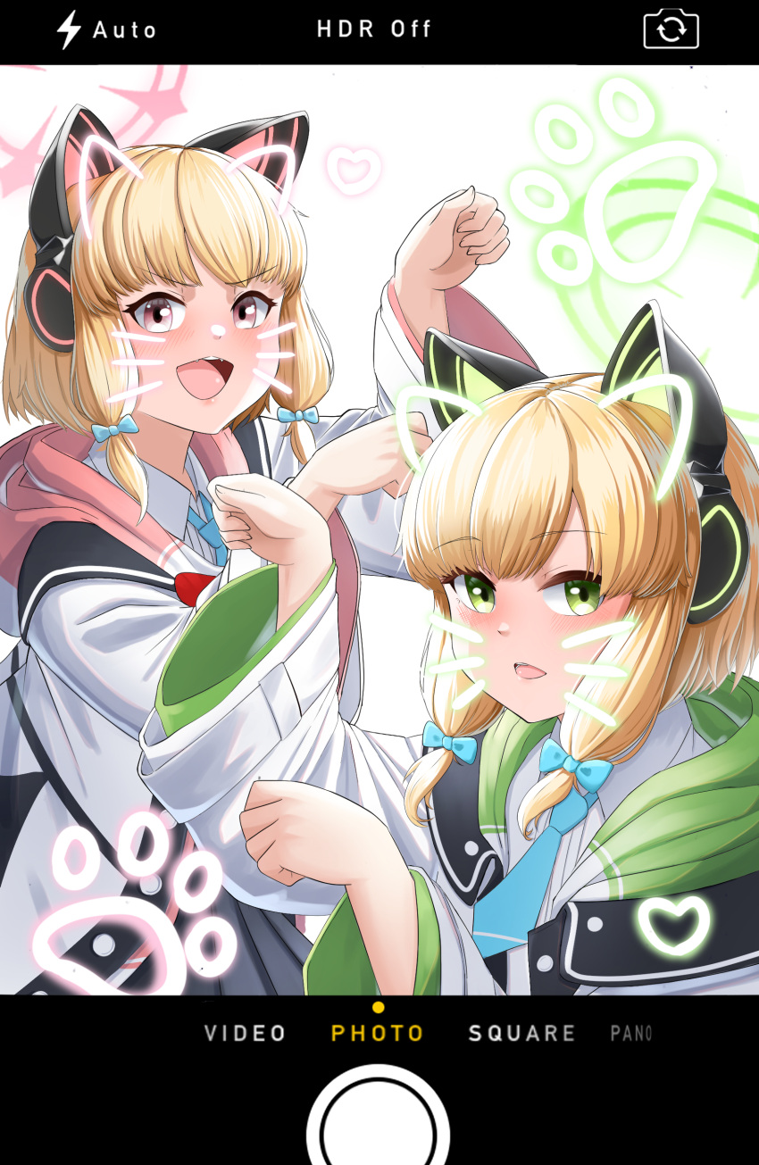 2girls :d absurdres adult_aongly animal_ear_headphones animal_ears black_skirt blonde_hair blue_archive blue_necktie blunt_bangs bow cat_ear_headphones coat collared_shirt commentary_request drawn_ears drawn_whiskers english_text fake_animal_ears fake_screenshot green_eyes hair_bow hair_ribbon halo headphones highres long_sleeves looking_at_viewer midori_(blue_archive) momoi_(blue_archive) multiple_girls necktie open_clothes open_coat parted_bangs paw_pose paw_print pleated_skirt red_eyes ribbon school_uniform shirt short_hair siblings sidelocks simple_background skirt smile tress_ribbon twins viewfinder white_background white_coat white_shirt