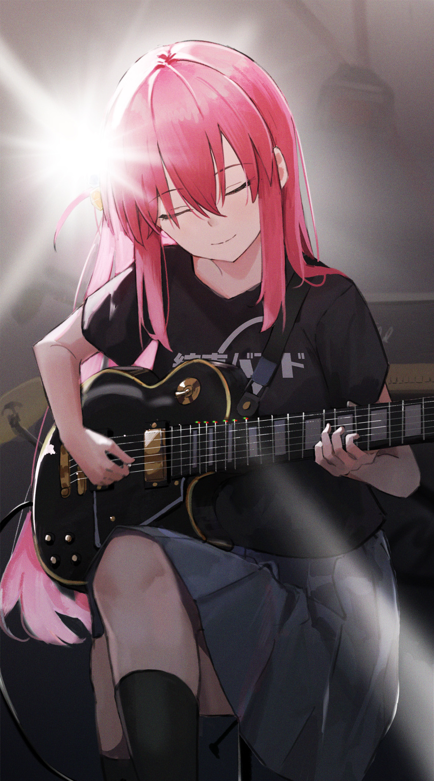 1girl absurdres black_shirt black_socks bocchi_the_rock! closed_eyes closed_mouth commentary_request crossed_bangs cube_hair_ornament electric_guitar ema_(kuguiema) english_commentary gibson_les_paul gotoh_hitori grey_skirt guitar hair_intakes hair_ornament hair_over_shoulder head_tilt highres indoors instrument knee_up kneehighs long_hair mixed-language_commentary music pink_hair playing playing_guitar playing_instrument pleated_skirt shirt short_sleeves sidelocks sitting skirt smile socks solo