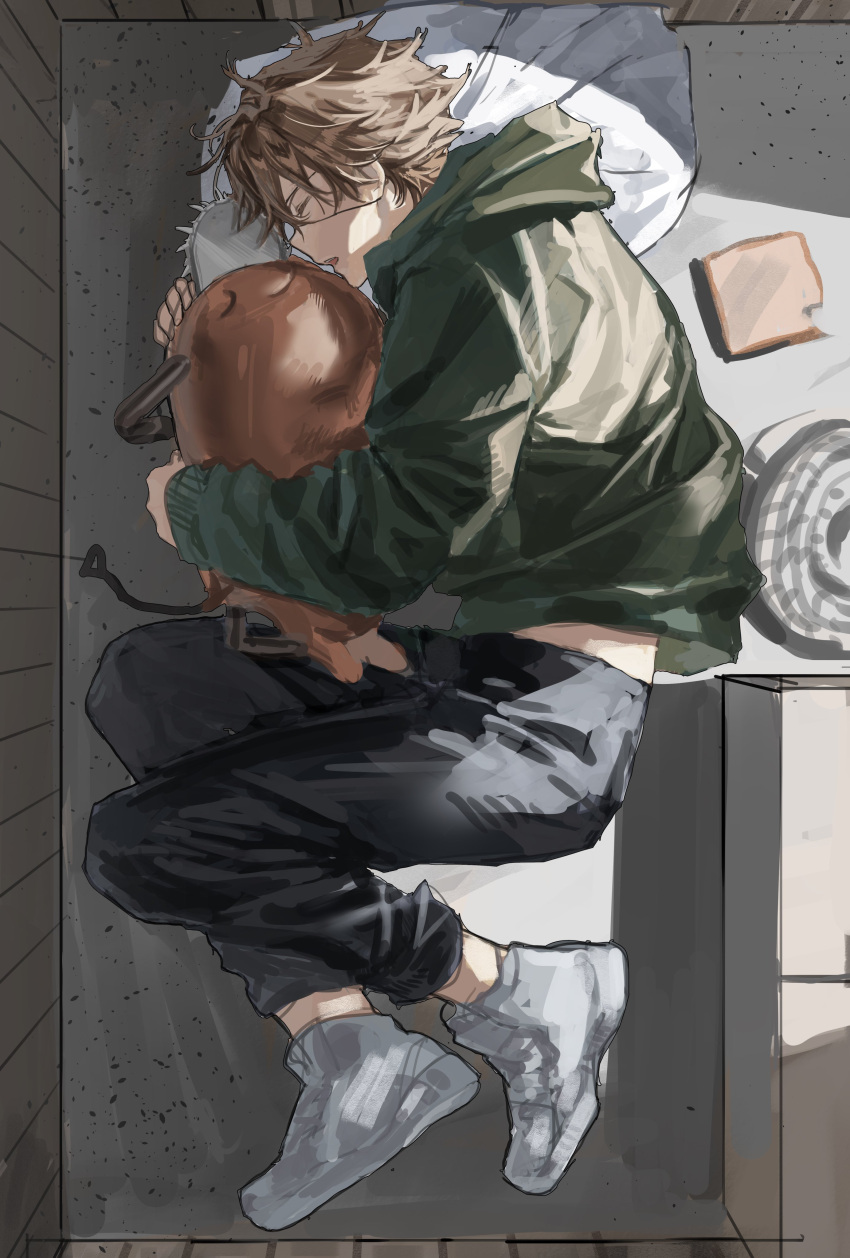 1boy absurdres blonde_hair chainsaw chainsaw_man chamuring denim denji_(chainsaw_man) eyepatch from_above green_hoodie highres hood hoodie hug jeans lying male_focus messy on_bed on_side pants pochita_(chainsaw_man) sunlight white_footwear