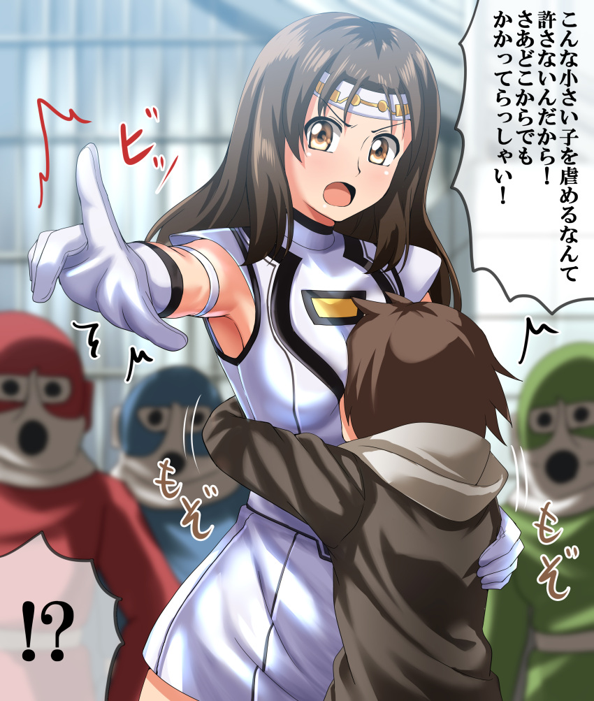 !? 1boy 1girl absurdres armband black_eyes black_hair black_hoodie blurry blurry_background commentary_request commission depth_of_field dress frown gekisou_sentai_carranger gloves highres hood hood_down hoodie hug long_hair long_sleeves looking_at_viewer motion_lines multiple_others open_mouth partial_commentary pixiv_commission pointing radietta_fanbelt short_dress short_hair sleeveless sleeveless_dress spoken_interrobang standing super_sentai translated white_dress white_gloves white_hair zanntetu
