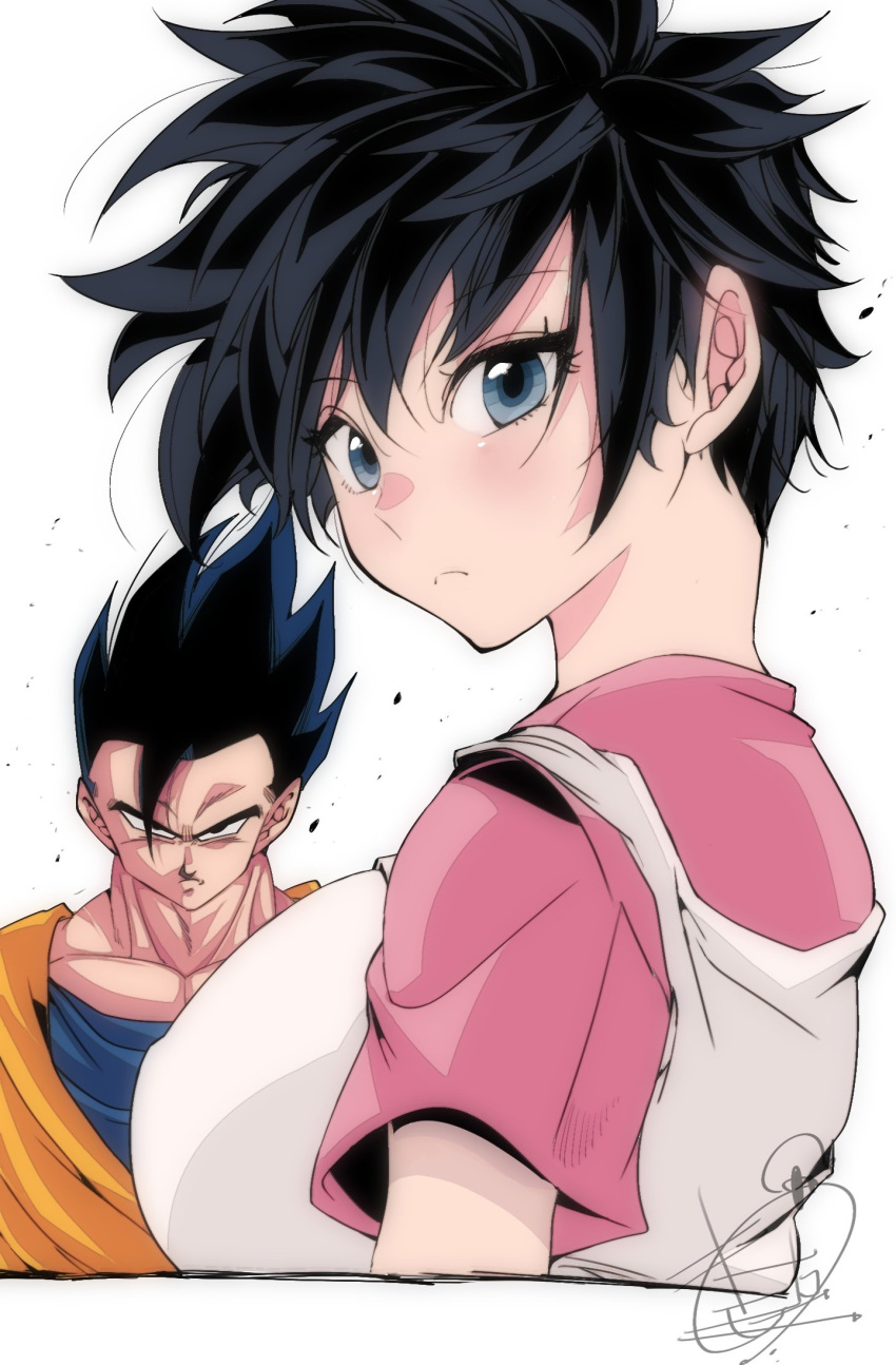 1boy 1girl black_hair blue_eyes breasts closed_mouth dragon_ball dragon_ball_z highres kinakomochi_(user_vedc2333) large_breasts looking_at_viewer muscular muscular_male short_hair simple_background son_gohan spiky_hair videl white_background