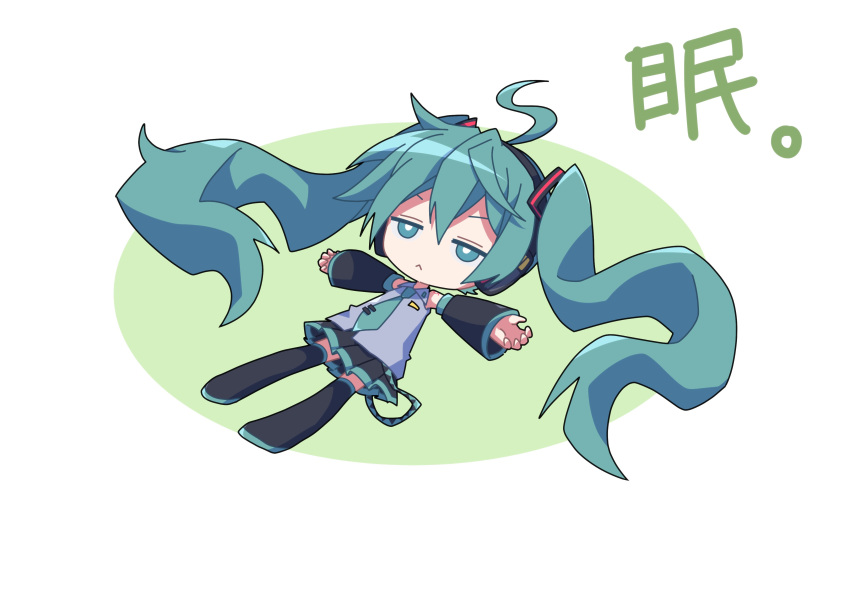 1girl :&lt; absurdres ahoge aosaki_yato aqua_eyes aqua_hair aqua_necktie bare_shoulders black_footwear black_skirt black_sleeves black_thighhighs boots bright_pupils chibi commentary detached_sleeves frown grey_shirt hair_ornament hatsune_miku headphones highres jitome long_hair lying miniskirt necktie on_back pleated_skirt shirt simple_background skirt sleeveless sleeveless_shirt solo thigh-highs thigh_boots translated twintails v-shaped_eyebrows very_long_hair vocaloid white_pupils