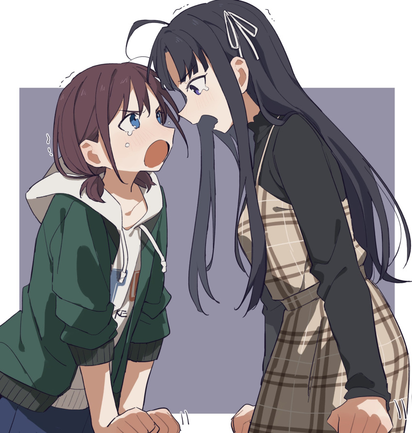 2girls ahoge angry awa_subaru black_hair black_shirt border brown_dress brown_hair chinese_commentary coldcat. commentary_request commission crying crying_with_eyes_open dress eye_contact girls_band_cry green_jacket hair_ribbon highres hood hood_down hooded_jacket iseri_nina jacket long_hair long_sleeves looking_at_another low_twintails multiple_girls open_clothes open_jacket open_mouth outside_border parted_bangs pinafore_dress ribbon second-party_source shirt short_hair short_twintails sidelocks sleeveless sleeveless_dress tears twintails violet_eyes white_border white_ribbon