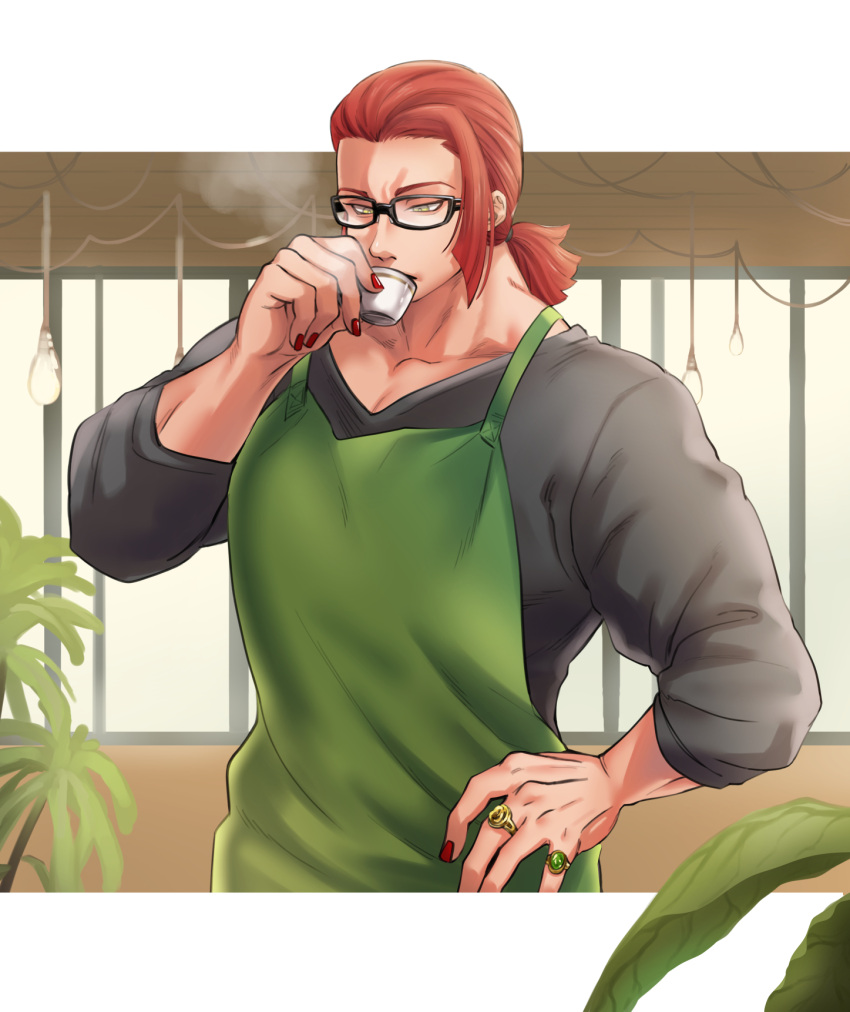 1girl alternate_hairstyle barista bespectacled black-framed_eyewear casual coffee collarbone drinking espresso_(drink) fingernails glasses green_eyes hand_on_own_hip highres jewelry low_ponytail marisa_(street_fighter) medium_hair multiple_rings muscular muscular_female nail_polish nose red_nails redhead ring shirokuro_ookami short_ponytail solo street_fighter street_fighter_6