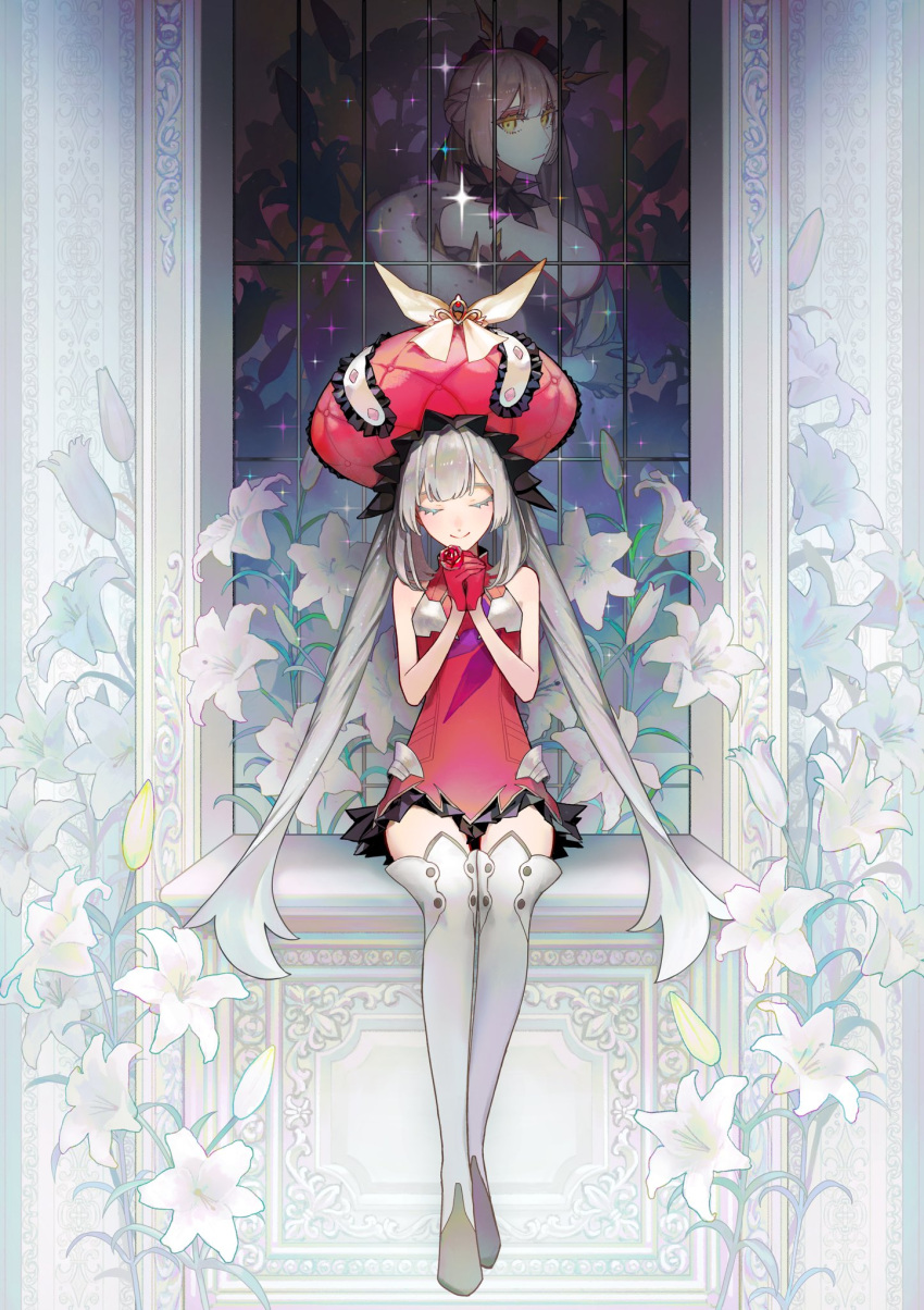 boots closed_eyes dress fate/grand_order fate_(series) flower frilled_hat frills fur_trim gk98tm gloves half_gloves hat highres large_hat lily_(flower) long_hair marie_antoinette_(alter)_(fate) marie_antoinette_(alter)_(third_ascension)_(fate) marie_antoinette_(fate) red_dress red_gloves side_ponytail sitting smile thigh_boots twintails very_long_hair white_footwear white_hair white_lily yellow_eyes
