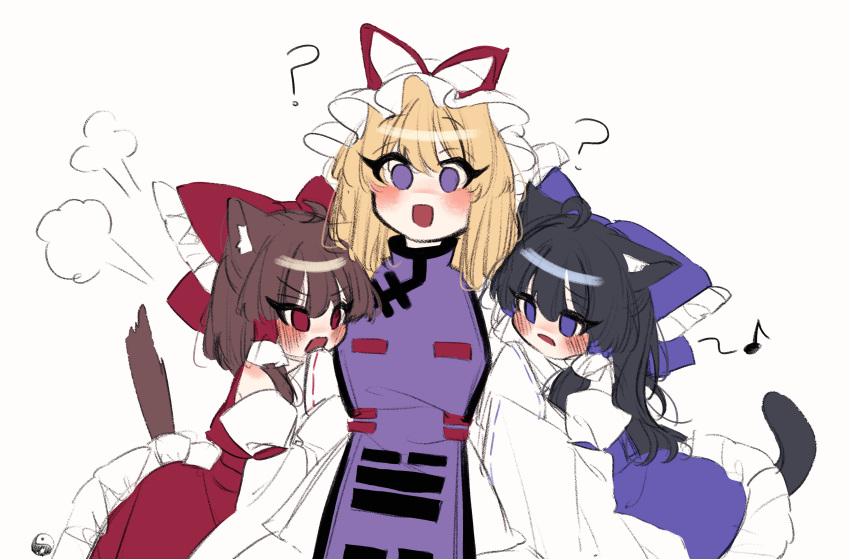 3girls ? absurdres alternate_color animal_ears black_hair blonde_hair blush bow brown_hair cat_ears cat_tail commentary_request detached_sleeves dress dual_persona frilled_bow frilled_hair_tubes frills hair_bow hair_tubes hakurei_reimu hat hat_ribbon highres hug korean_commentary long_hair long_sleeves mob_cap multiple_girls musical_note open_mouth purple_bow purple_skirt purple_tabard red_bow red_eyes red_ribbon ribbon ribbon-trimmed_sleeves ribbon_trim skirt tabard tail tohou89 touhou violet_eyes yakumo_yukari yuri