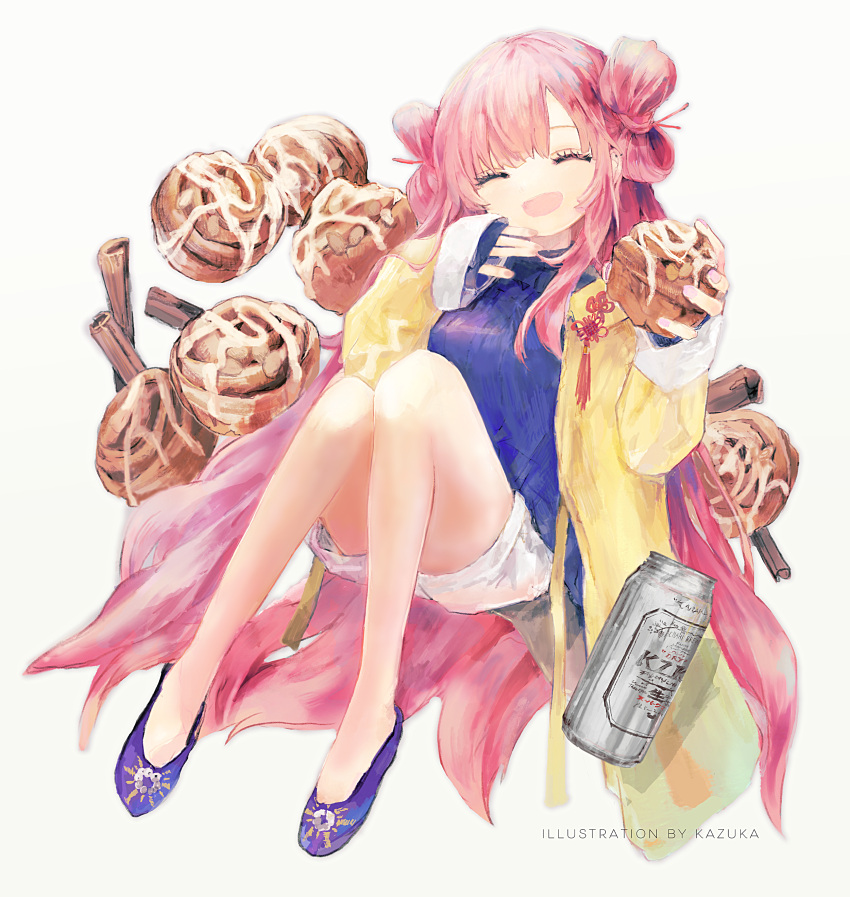 1girl absurdres bare_legs beer_can blue_shirt can cinnamon_roll closed_eyes coat double_bun drink_can food full_body hair_bun highres kazuka knees_up long_hair open_mouth original pastry pink_hair pink_nails shirt shorts sleeves_past_wrists solo very_long_hair white_shorts yellow_coat