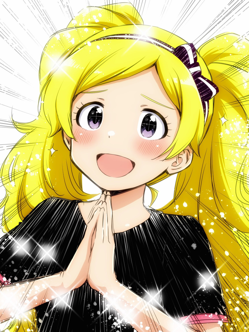 1girl :d black_shirt blonde_hair blush dot_nose emily_stewart emphasis_lines eyelashes fluffy_hair hairband highres idolmaster idolmaster_million_live! idolmaster_million_live!_theater_days lone_nape_hair long_hair matcha_kingyo open_mouth own_hands_together palms_together parted_bangs shirt short_sleeves sidelocks simple_background smile solo sparkle sparkling_eyes twintails upper_body very_long_hair violet_eyes wavy_hair white_background
