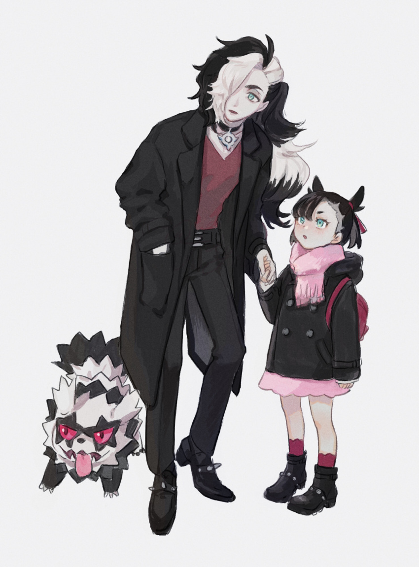 1boy 1girl :o aged_down backpack bag black_coat black_footwear black_hair black_jacket black_pants brother_and_sister buttons coat commentary_request dress galarian_zigzagoon green_eyes highres holding_hands hood hooded_jacket jacket looking_at_another marnie_(pokemon) multicolored_hair open_clothes open_coat pants piers_(pokemon) pink_dress pink_scarf pokemon pokemon_(creature) pokemon_swsh red_shirt sasano_(fuyutomori) scarf shirt shoes siblings socks two-tone_hair white_background white_hair