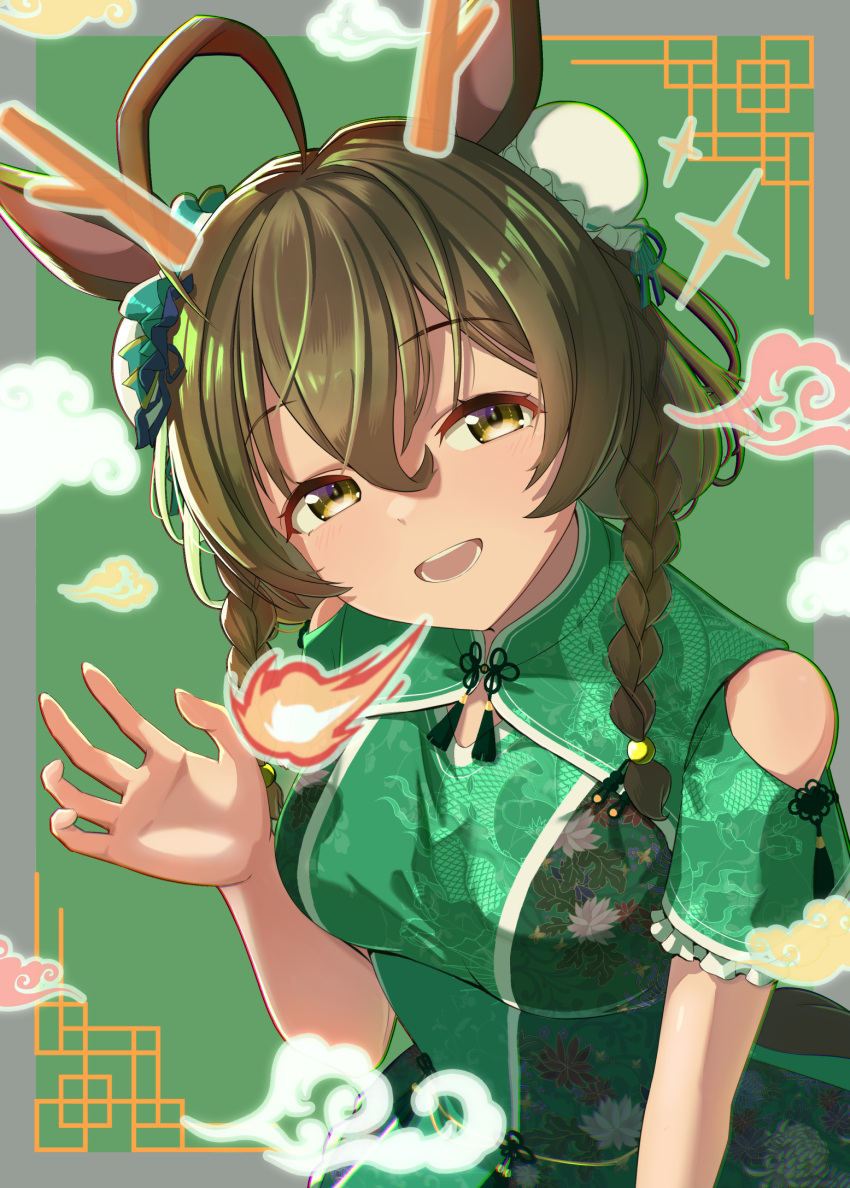 1girl ahoge alternate_costume alternate_hairstyle animal_ears breasts brown_eyes brown_hair chinese_clothes commentary_request fire green_background hair_between_eyes hair_ornament highres horse_ears horse_girl horse_tail kamikumo_(km_kamikumo) looking_at_viewer medium_breasts mejiro_bright_(umamusume) open_mouth portrait solo tail umamusume