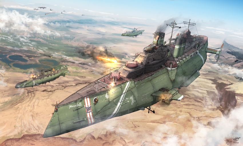 aircraft airship aoi_waffle battle clouds firing highres military military_vehicle no_humans original scenery science_fiction turret weapon
