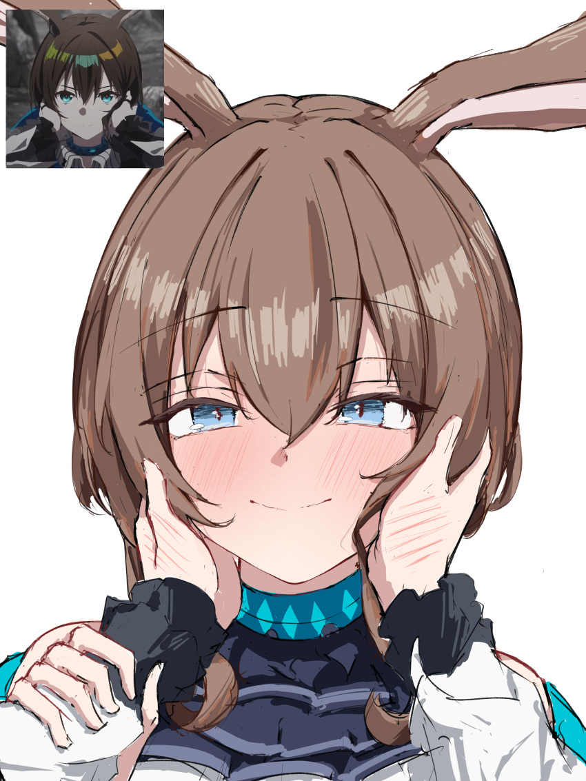 1girl 1other absurdres amiya_(arknights) animal_ears arknights ascot blue_ascot blue_eyes blush brown_hair closed_mouth dot_nose hair_between_eyes hands_on_another's_cheeks hands_on_another's_face highres holding_another's_wrist infection_monitor_(arknights) long_hair long_sleeves looking_at_viewer portrait pov pov_hands rabbit_ears rabbit_girl reference_inset shirt sidelocks simple_background smile solo_focus tobildesu white_background white_shirt