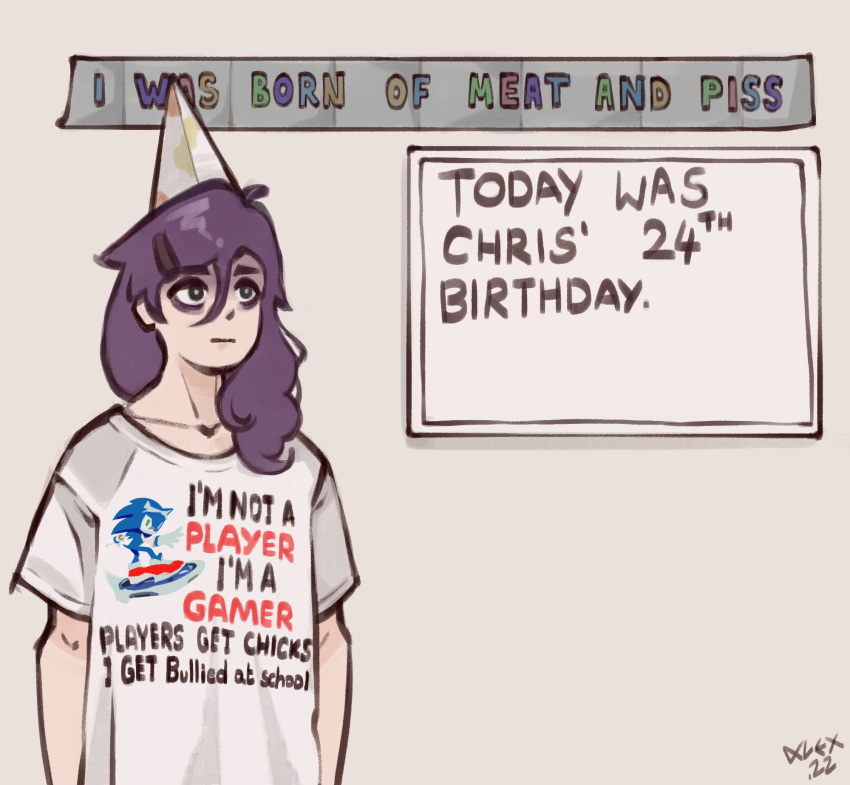 bags_under_eyes clothes_writing hat highres meme non-web_source original party_hat purple_hair shirt sonic_the_hedgehog t-shirt