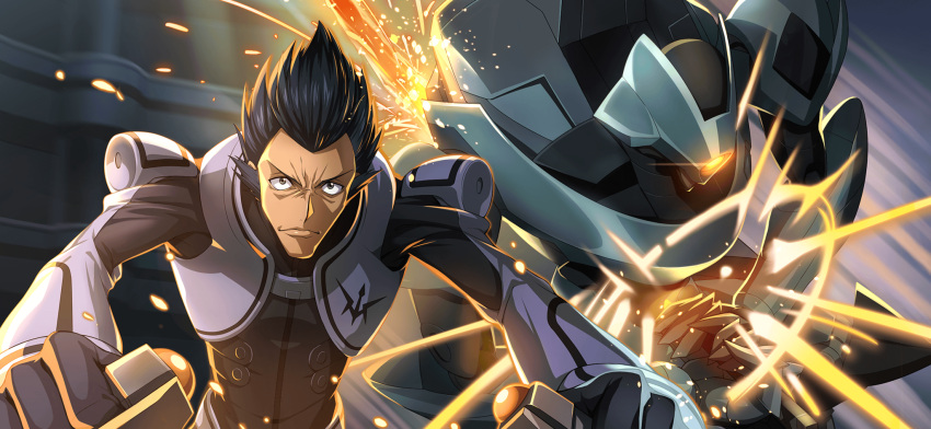 1boy armor artist_request backlighting black_bodysuit black_hair bodysuit closed_mouth code_geass code_geass:_lost_stories forehead furrowed_brow game_cg gekka_(code_geass) glowing glowing_eyes grey_eyes grey_vest highres holding holding_sword holding_weapon leaning_forward male_focus mecha non-web_source official_art one-eyed orange_eyes outstretched_arms piloting robot seppuku serious short_hair shoulder_armor solo sparks spiky_hair sword upper_body urabe_kousetsu v-shaped_eyebrows vest weapon
