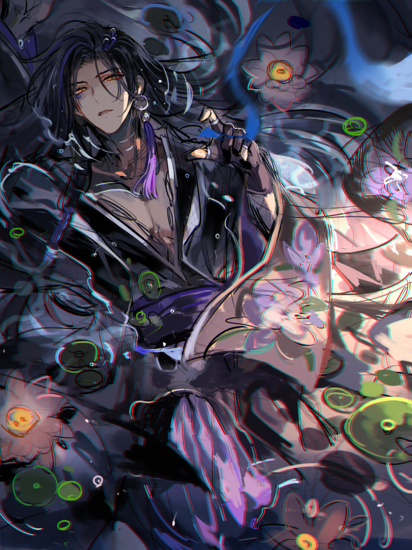 1boy afloat black_gloves black_hair black_robe chinese_clothes cowboy_shot curtained_hair earrings facial_mark fingerless_gloves floral_print flower gloves hand_up hanfu highres hua_ling jewelry lily_pad long_hair long_sleeves looking_at_viewer male_focus multicolored_hair nevakuma_(fanfanas) parted_bangs parted_lips partially_submerged pectoral_cleavage pectorals pink_flower purple_hair purple_sash reaching reaching_towards_viewer robe sash sketch solo streaked_hair tassel tassel_earrings water water_lily_flower wide_sleeves yellow_eyes zhangmen_tai_mang