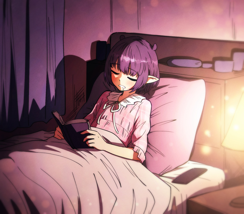 1girl bed blush book closed_eyes commentary curtains ddolbang desk_lamp drooling english_commentary frilled_sleeves frills highres holding holding_book hololive hololive_english indoors lamp light_particles mole mole_under_eye mouth_drool night nightstand ninomae_ina'nis official_alternate_hair_length official_alternate_hairstyle on_bed open_book pajamas pillow pink_pajamas pink_shirt pointy_ears purple_hair ribbon shadow shirt short_hair short_sleeves sidelocks sitting sleeping sleeping_upright solo table u_u under_covers virtual_youtuber white_ribbon