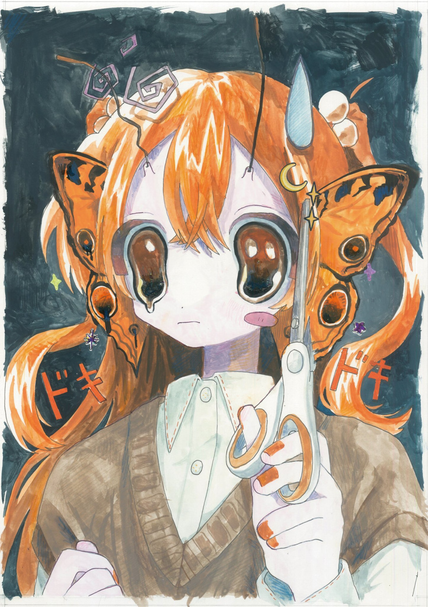 1girl antennae brown_sweater_vest butterfly_girl butterfly_wings buttons closed_mouth collared_shirt commentary crescent dripping_eye hair_between_eyes hair_bobbles hair_ornament head_wings highres holding holding_scissors insect_wings long_hair long_sleeves momose_kikuka nail_polish orange_eyes orange_hair orange_nails original painting_(medium) scissors shirt single_blush_sticker solo sparkle sticker sweatdrop sweater_vest traditional_media two_side_up upper_body white_shirt wings