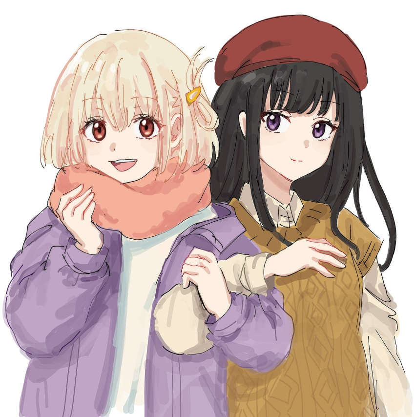 2girls beret black_hair blonde_hair brown_sweater_vest closed_mouth collared_shirt commentary dress_shirt hair_ornament hairclip hashtag_only_commentary hat highres inoue_takina jacket kumtlekumtle locked_arms long_hair long_sleeves looking_at_viewer lycoris_recoil multiple_girls nishikigi_chisato one_side_up open_clothes open_jacket open_mouth pink_scarf purple_jacket red_eyes red_hat scarf shirt short_hair sidelocks simple_background sweater_vest teeth upper_body upper_teeth_only violet_eyes white_background white_shrug