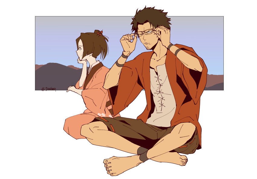 1boy 1girl absurdres adjusting_eyewear ankle_wrap barefoot border brown_shorts diagonal_bangs facial_hair frown full_body fuu_(samurai_champloo) glass hair_ornament hair_stick head_on_hand highres igusaharu indian_style jacket japanese_clothes kimono kneeling medium_hair mountain mugen_(samurai_champloo) one_eye_closed parted_bangs pink_kimono red_jacket samurai_champloo shirt short_hair shorts sitting soul_patch twitter_username white_border white_shirt