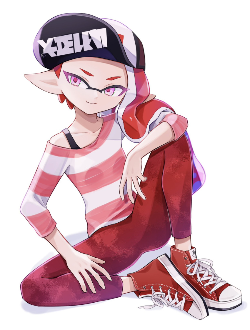 1girl baseball_cap closed_mouth cross-laced_footwear full_body hat highres inkling inkling_girl inkling_player_character long_hair pants pointy_ears psya_ma red_eyes red_footwear red_pants red_shirt redhead shirt shoes simple_background sitting smile solo splatoon_(series) striped_clothes striped_shirt tentacle_hair two-tone_shirt white_background white_shirt