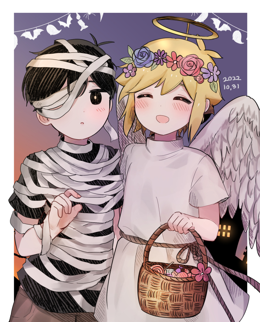 2boys aged_down angel_wings antenna_hair bandage_over_one_eye bandaged_head bandages bandages_over_clothes basil_(faraway)_(omori) basil_(omori) basket black_eyes black_hair black_shirt blonde_hair blue_flower blue_rose blush border bright_pupils brown_shorts child closed_eyes dated dress fake_halo feathered_wings fingernails flower gradient_background griffin333 hair_behind_ear hair_between_eyes halloween halo head_wreath highres holding holding_basket leaf looking_at_viewer multiple_boys official_alternate_costume omori open_mouth orange_background orange_pupils parted_lips pink_flower pink_rose purple_background purple_flower red_flower rope rose shirt short_hair short_sleeves shorts simple_background smile sunny_(omori) turtleneck turtleneck_dress white_border white_dress white_wings wings yellow_halo