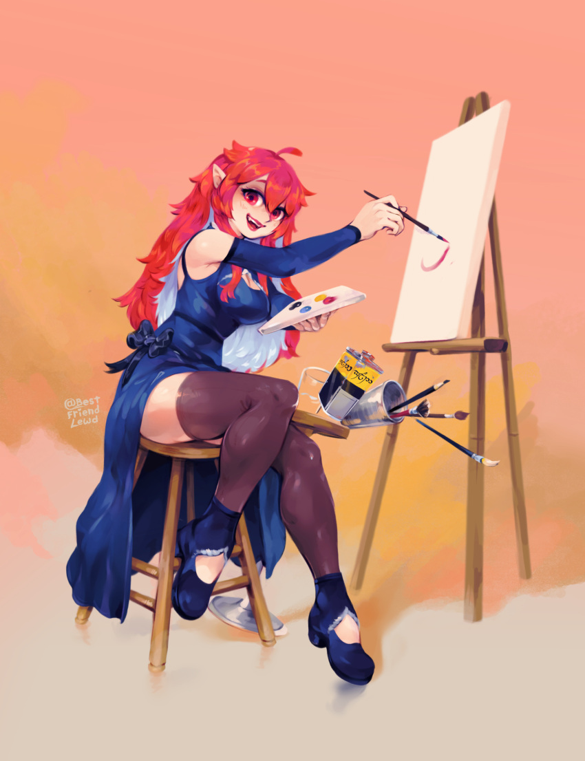 1girl absurdres artist_painter bestfriendforever black_bow blue_dress bow breasts canvas_(object) commentary dress easel english_commentary gradient_background highres holding holding_paintbrush holding_palette long_hair looking_at_viewer medium_breasts on_stool original paint paintbrush palette_(object) pencil pointy_ears red_eyes redhead thigh-highs wooden_stool