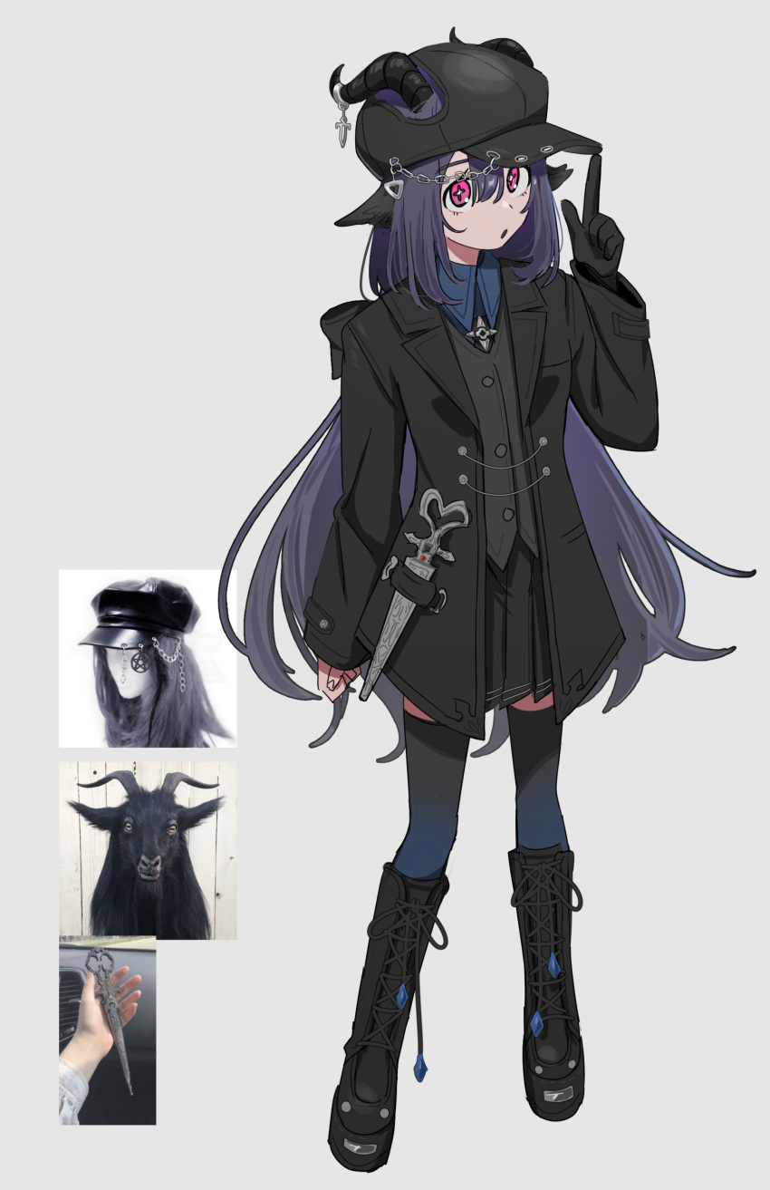 1girl :o absurdres animal_ears arm_at_side black_footwear black_gloves black_hat black_jacket black_skirt boots bright_pupils buttons cabbie_hat dagger full_body gloves goat_ears goat_horns gradient_legwear grey_background hand_up hat hat_chain highres horns horns_through_headwear hyow index_finger_raised jacket knee_boots knife layered_clothes long_hair long_sleeves looking_up original parted_lips photo_inset pink_eyes pleated_skirt purple_hair shoelaces sidelocks simple_background single_glove skirt star-shaped_pupils star_(symbol) symbol-shaped_pupils thigh-highs very_long_hair weapon white_pupils wing_collar