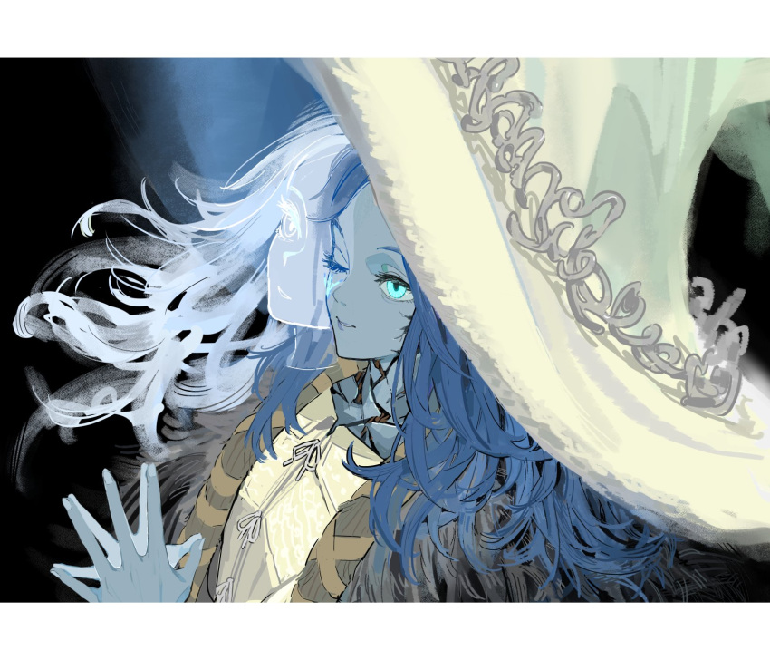 1girl atory_totory black_background blue_eyes blue_hair blue_skin cloak colored_skin cracked_skin elden_ring extra_faces fur_cloak grey_cloak hat highres letterboxed medium_hair one_eye_closed own_hands_together ranni_the_witch shirt simple_background smile solo upper_body white_hat witch_hat yellow_shirt