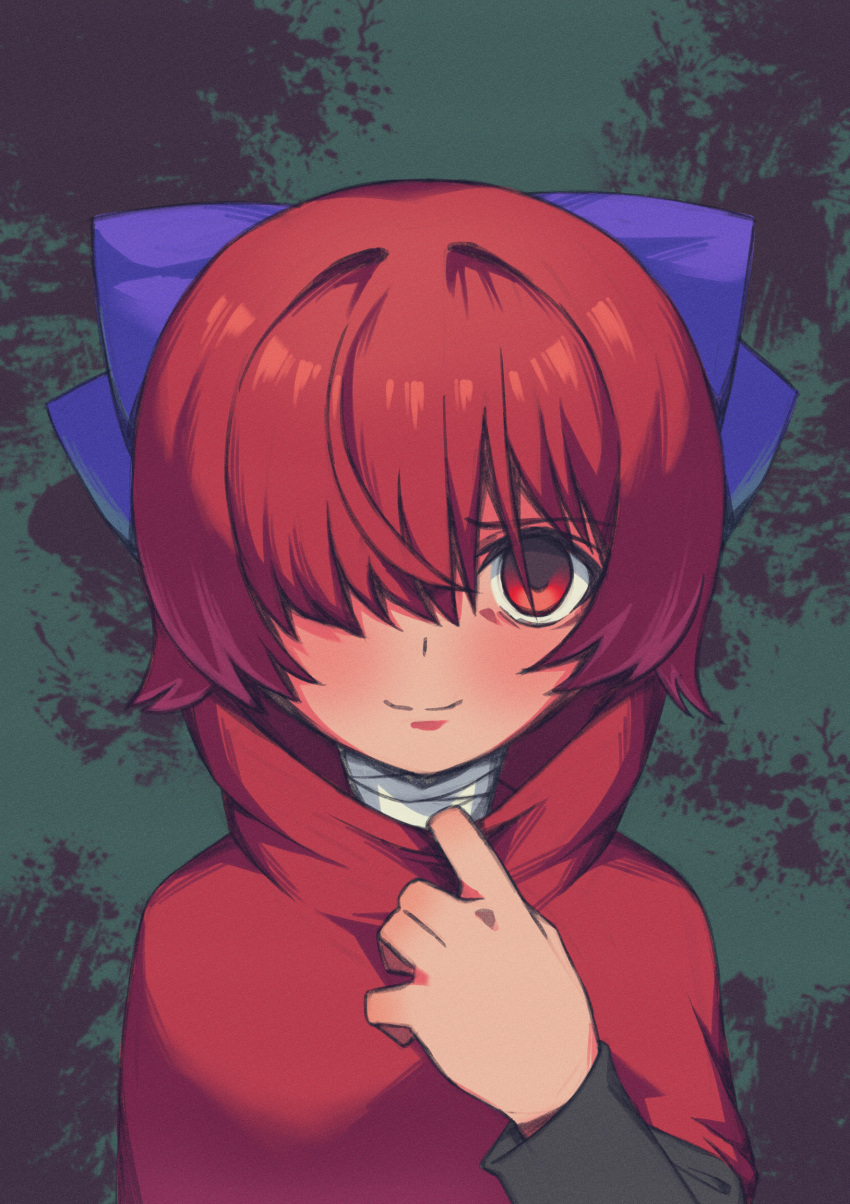 1girl absurdres bandaged_neck bandages blue_bow bow cloak closed_mouth collar_tug commentary_request double_dealing_character hair_bow hair_over_one_eye hand_up high_collar highres long_bangs long_sleeves looking_at_viewer punidayo red_cloak red_eyes redhead sekibanki short_hair simple_background smile solo touhou upper_body