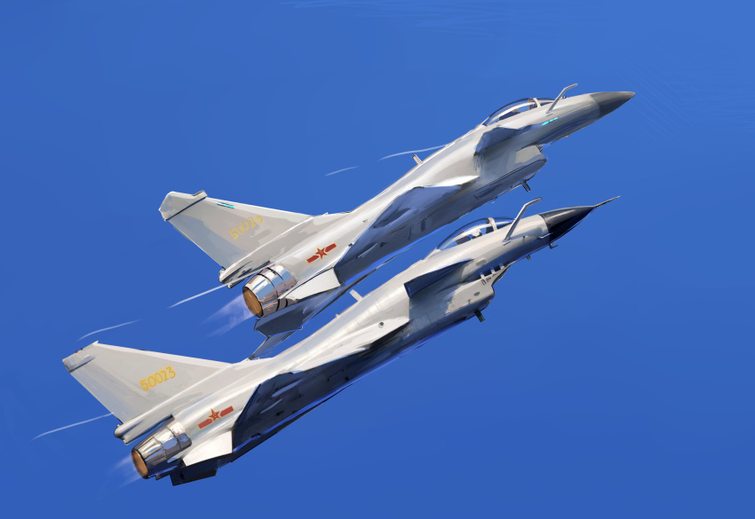aircraft airplane blue_sky commentary english_commentary fighter_jet highres j-10 jet military_vehicle mirroraptor no_humans original people's_liberation_army people's_liberation_army_air_force red_star sky star_(symbol) vehicle_focus