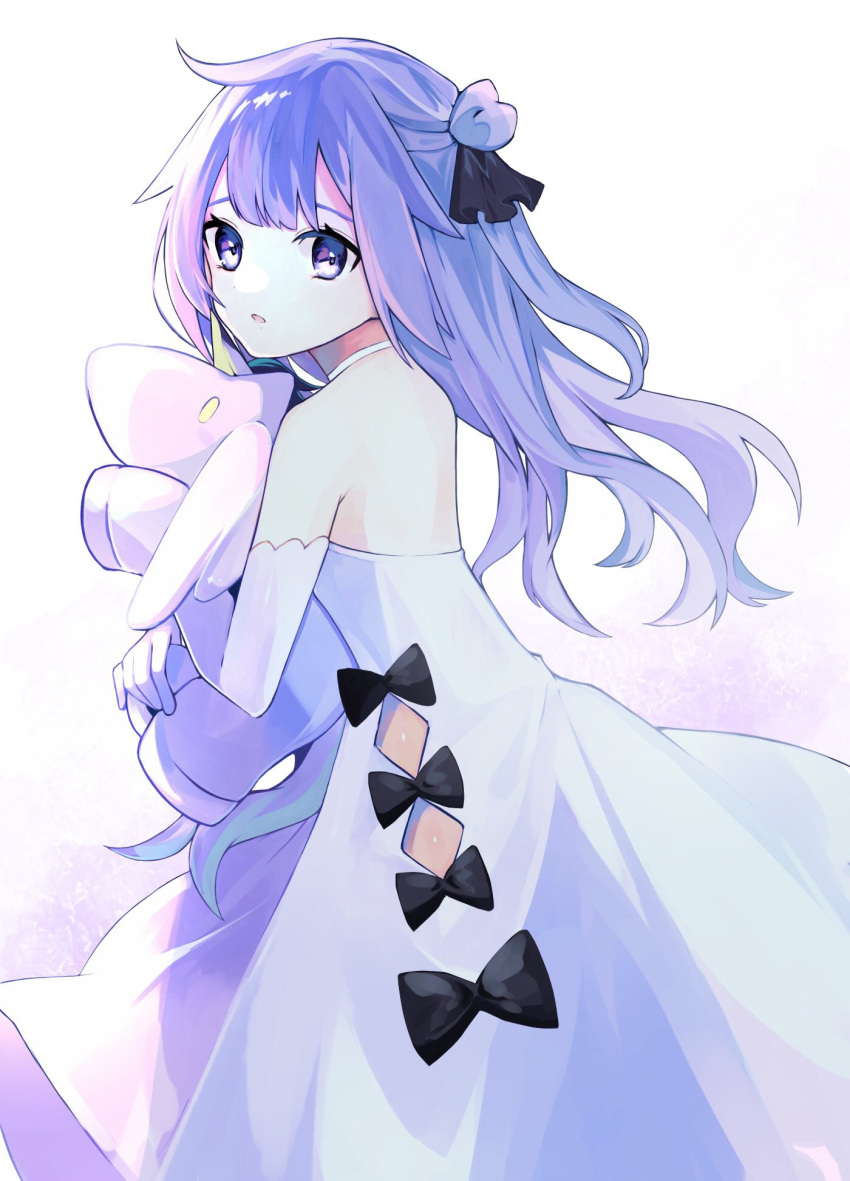 1girl azur_lane bare_shoulders black_bow bow choker commentary_request dress dress_bow elbow_gloves gloves hair_bun highres holding holding_stuffed_toy long_hair looking_at_viewer mero_sha parted_lips purple_hair simple_background solo strapless strapless_dress stuffed_toy unicorn_(azur_lane) violet_eyes white_background white_choker white_dress white_gloves