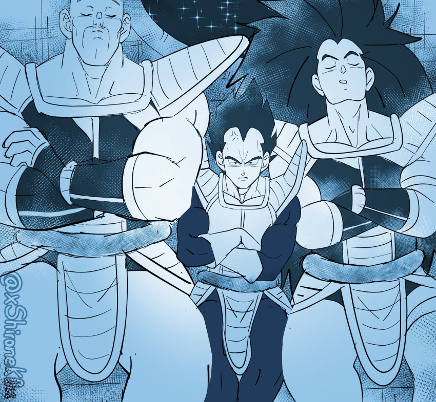 annoyed bald blue_theme crossed_arms dragon_ball dragon_ball_z english_commentary highres long_hair male_focus manspreading muscular muscular_male nappa pelvic_curtain raditz receding_hairline saiyan_armor shironek0 side-by-side sitting sky sleeping spiky_hair spread_legs star_(sky) starry_sky thick_eyebrows thighs vegeta very_long_hair