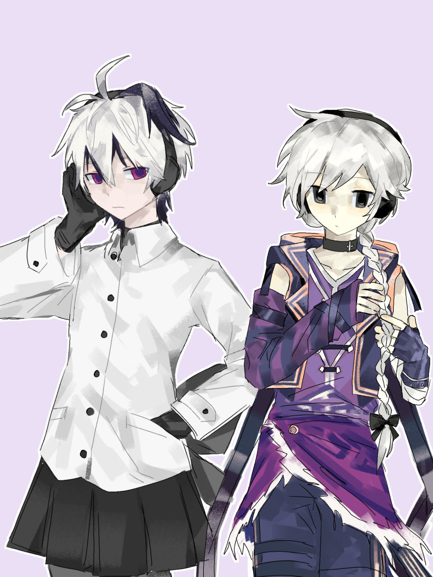 2girls androgynous arm_warmers black_bow black_choker black_eyes black_gloves black_hair black_skirt blue_pants bow braid braided_ponytail choker closed_mouth coat collared_coat cosplay costume_switch cowboy_shot expressionless fingerless_gloves flower_(vocaloid) flower_(vocaloid4) flower_(vocaloid4)_(cosplay) gloves hair_bow hair_over_shoulder hand_in_pocket hand_on_headphones hand_up headphones highres light_blush long_sleeves looking_at_viewer multicolored_hair multiple_girls open_clothes open_vest pants playing_with_own_hair pleated_skirt purple_background purple_shirt purple_vest sekka_yufu sekka_yufu_(cosplay) shirt single_arm_warmer single_fingerless_glove skirt sleeveless sleeveless_shirt standing streaked_hair utau vest violet_eyes vocaloid white_coat white_hair yo-san_(buzhidaoqishanicheng60804)