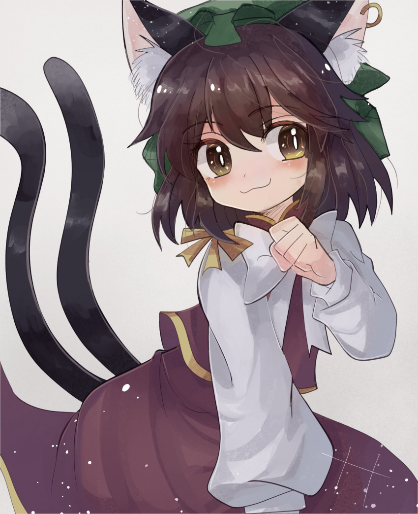 1girl :3 animal_ear_fluff animal_ears blush bow bowtie bright_pupils brown_eyes brown_hair cat_ears cat_tail chen commentary_request gold_trim hat highres light_particles long_sleeves looking_to_the_side medium_hair mob_cap multiple_tails nekomata paw_pose plus2sf puffy_long_sleeves puffy_sleeves red_skirt red_vest simple_background skirt skirt_set solo tail touhou two_tails vest white_background white_bow white_bowtie white_pupils