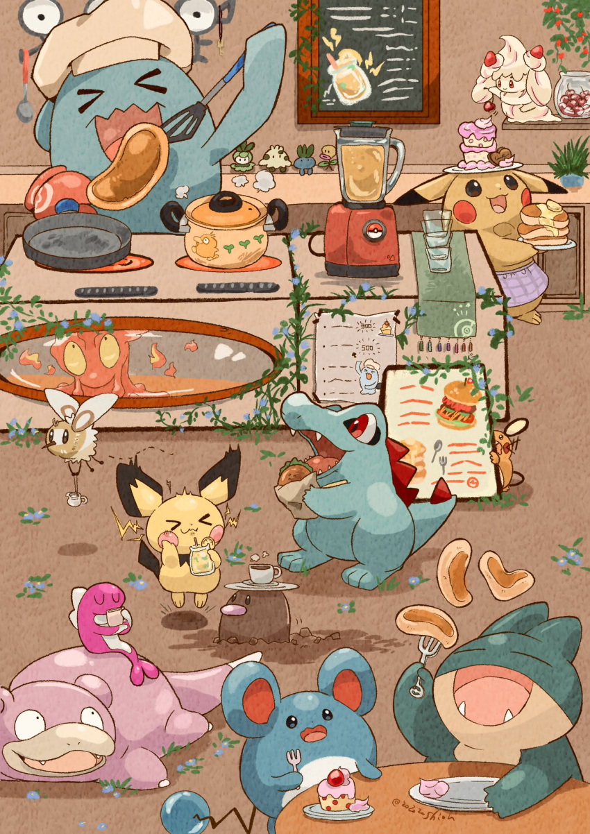 &gt;_&lt; alcremie bellsprout blender_(object) blue_skin chef_hat colored_skin commentary_request cooking_pot cup dedenne diglett fangs food fork glass hat highres holding holding_fork holding_spatula indoors jumping kitchen marill munchlax no_humans oddish open_mouth pancake petilil pichu pikachu poke_ball_symbol pokemon pokemon_(creature) psyduck red_eyes ribombee shroomish sign slowpoke slugma spatula stove table tail tatsugiri tatsugiri_(droopy) teacup totodile unown unown_f wobbuffet zozozoshion