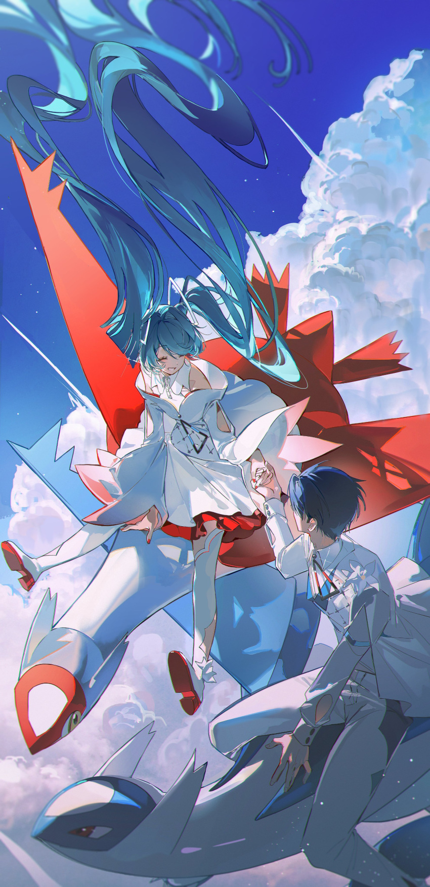 1boy 1girl :d absurdly_long_hair absurdres aqua_hair blue_hair blue_sky closed_eyes clouds cloudy_sky dress facing_another floating floating_hair full_body grin hatsune_miku highres holding_hands jacket latias latios layered_dress legs_apart long_hair long_sleeves nail_polish open_mouth pants pokemon pokemon_(creature) red_nails riding riding_animal short_hair sidelocks sky sleeveless sleeveless_dress smile teeth thigh-highs very_long_hair vocaloid white_dress white_jacket white_pants white_thighhighs z3zz4