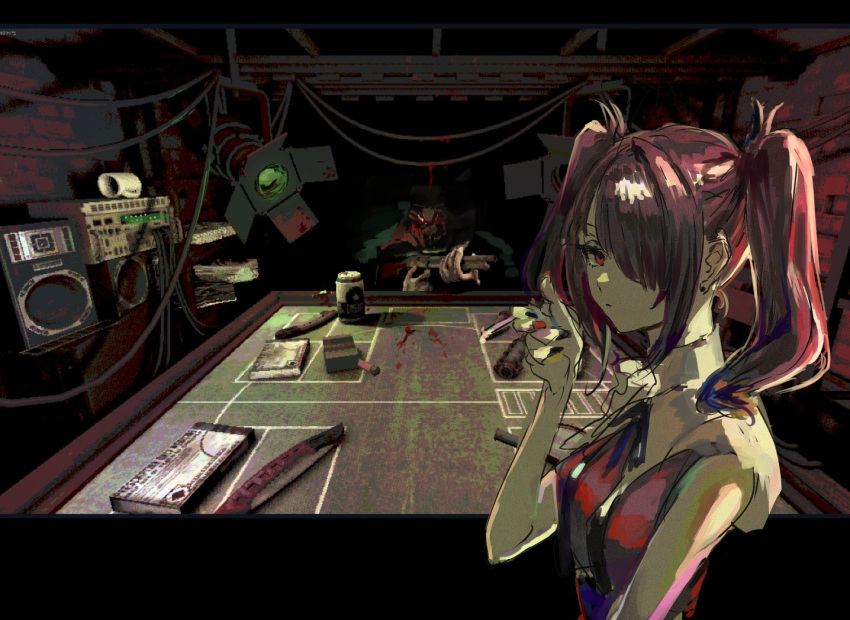 1girl 1other ame-chan_(needy_girl_overdose) beer_can black_hair black_ribbon blood brick_wall buckshot_roulette cable can casino_card_table closed_mouth commentary crossover cup drink_can gun hair_over_one_eye hand_up indoors long_hair looking_at_viewer mug neck_ribbon needy_girl_overdose osakana_(denpa_yun'yun) red_eyes red_shirt ribbon shirt shotgun studio_lights suspenders symbol-only_commentary table twintails upper_body weapon