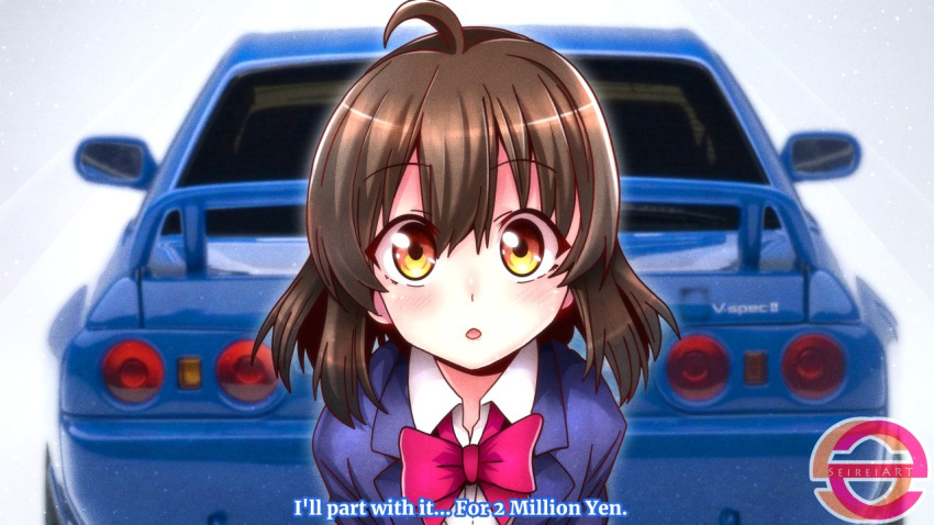 1girl ahoge blue_jacket blush bow bowtie brown_hair car collared_shirt commentary english_commentary english_text gt-girl jacket looking_at_viewer motor_vehicle nissan nissan_skyline nissan_skyline_gt-r nissan_skyline_r32 parted_lips pink_bow pink_bowtie sato_hinata school_uniform seireiart shirt short_hair simple_background solo spoiler_(automobile) sports_car tail_lights upper_body watermark white_background white_shirt yellow_eyes