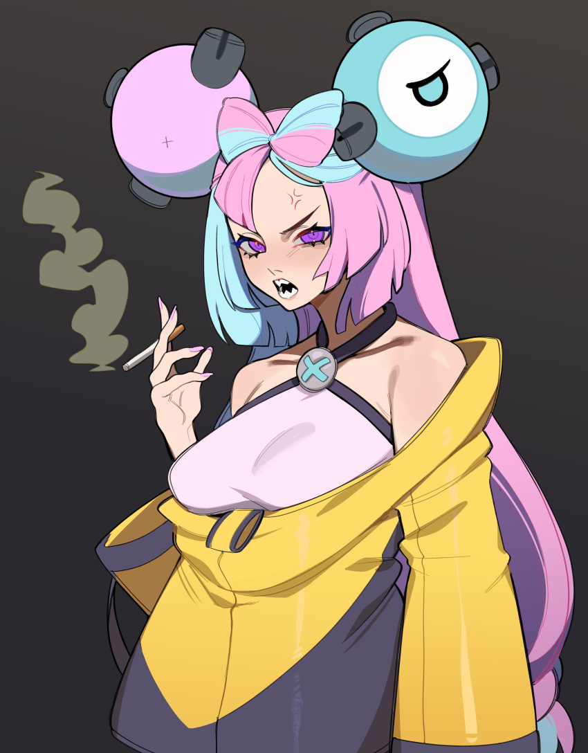1girl absurdres anger_vein angry aqua_hair bare_shoulders black_background blush bow-shaped_hair cigarette criss-cross_halter hair_ornament halterneck hand_up highres holding holding_cigarette iono_(pokemon) jacket multicolored_hair off-shoulder_jacket off_shoulder pink_hair pink_nails pokemon porqueloin sharp_teeth shirt simple_background smoke_trail solo teeth two-tone_hair upper_body violet_eyes white_shirt wide_sleeves yellow_jacket