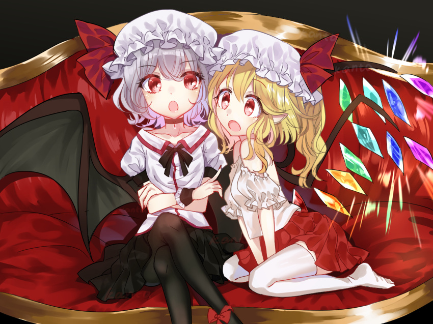 2boys bat_wings black_pantyhose black_ribbon blonde_hair couch crossed_legs crystal_wings flandre_scarlet full_body grey_hair hat hat_ribbon kanta_(pixiv9296614) mob_cap multiple_boys neck_ribbon on_couch open_mouth pantyhose pointy_ears puffy_short_sleeves puffy_sleeves red_ribbon remilia_scarlet ribbon short_sleeves side_ponytail sitting thigh-highs touhou wariza white_thighhighs wings
