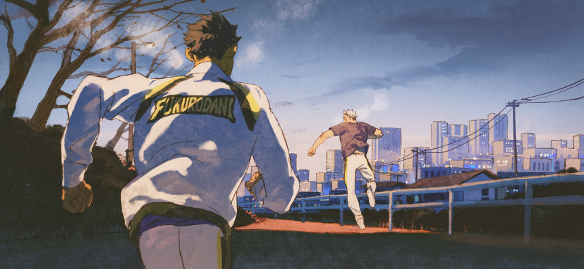 2boys absurdres akaashi_keiji bare_tree black_hair blue_sky bokuto_koutarou breath building chengongzi123 city facing_away from_behind full_body grey_hair guard_rail haikyuu!! highres jacket long_sleeves looking_at_another looking_back male_focus multicolored_hair multiple_boys outdoors pants power_lines purple_shirt running shirt short_hair short_sleeves sky streaked_hair sunrise tree utility_pole very_short_hair white_jacket white_pants