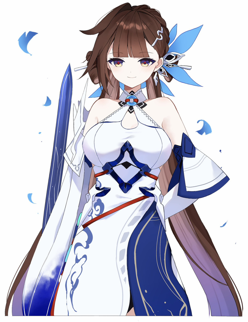 1girl bare_shoulders breasts brown_eyes brown_hair china_dress chinese_clothes closed_mouth dress gloves hair_ornament highres holding holding_sword holding_weapon honkai_(series) honkai_impact_3rd large_breasts li_sushang li_sushang_(jade_knight) long_hair looking_at_viewer nirako_mona reverse_grip simple_background solo sword very_long_hair weapon white_background white_dress white_gloves