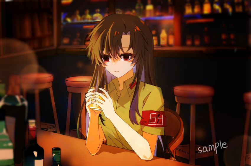 1girl alcohol armband bar_(place) black_hair closed_mouth collared_shirt girls_frontline highres long_hair shirt short_sleeves sitting solo type_64_(girls'_frontline) upper_body yuyu_(gype5728)